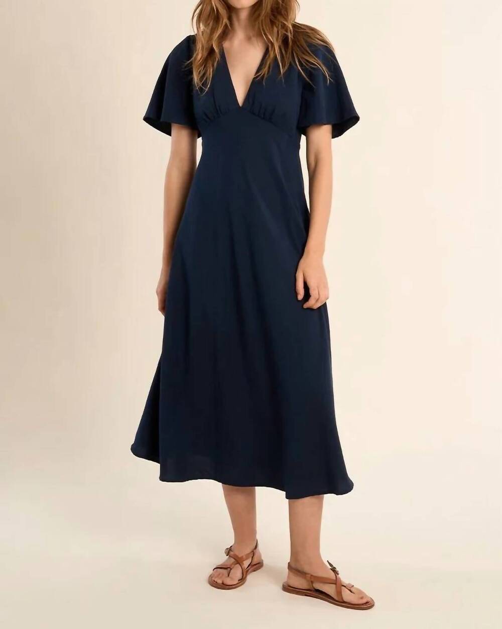 NEW MOLLY BRACKEN classic v-neck dress in navy